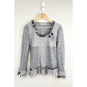 Forla Paris Women’s Sweater Knit Crochet Flowers Ruffles,‎ Boho Sz S